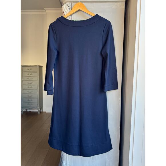 Jude Connally Dress Sz M Navy Blue Knit Midi Shift 3/4 Sleeve Classic Chic $228 - Picture 4 of 13